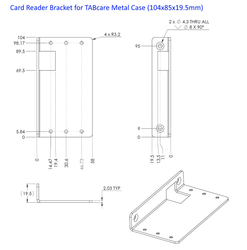 Bracket for Magtek Dynamag USB Swipe Reader, USB KB Swipe Reader, USB SureSwipe Reader used on TABcare 10" & 12" Metal Case